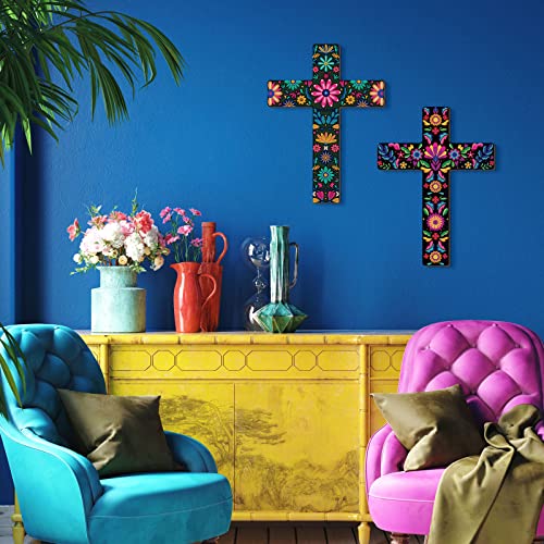Mexican Floral Cross Wall Decor, 2 Pcs Hand Painted Wooden Wall Art