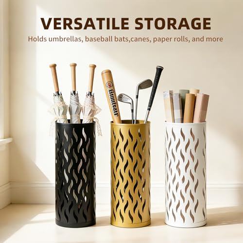 Metal Umbrella Stand for Entryway - Slim Storage Rack with 4 Hooks (White)