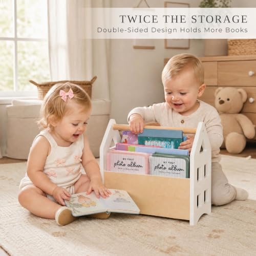 Wooden Kids Bookshelf with Handle - Montessori Toddler Book Storage