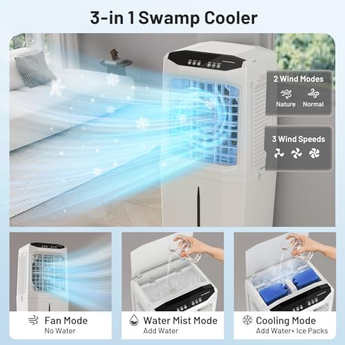 Portable Evaporative Air Cooler 4800CFM 3-in-1 Swamp Cooler with 16Gal Tank