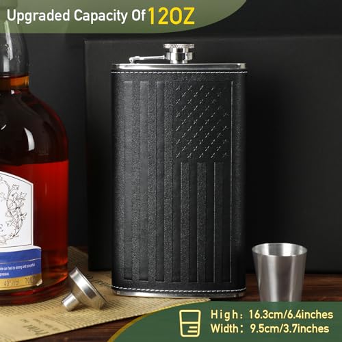 Leather America Flag 12oz Hip Flask with Cups & Funnel - Men's Gift, Black