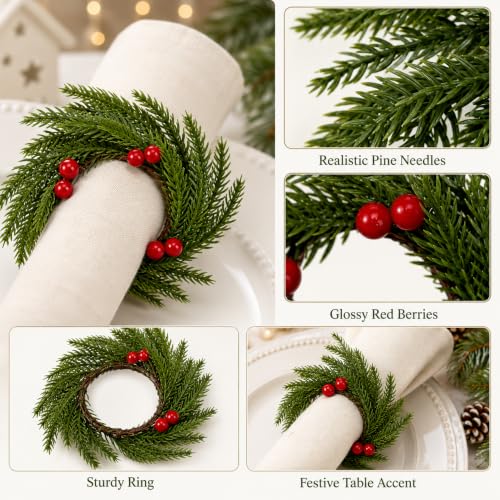 Gandeer 12 Pcs Christmas Napkin Rings Wreath Holders - Red Berry