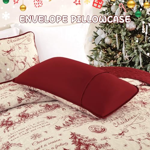 Red King Christmas Quilt Set with 2 Pillow Shams - Microfiber Holiday Bedspread