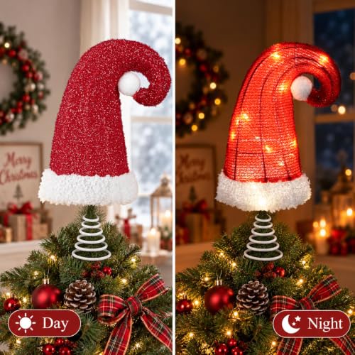 8 Inch Red Santa Hat Christmas Tree Topper with 6H Timer (Battery Operated) - Santi Hat Variation 8 Inch Red Hat
