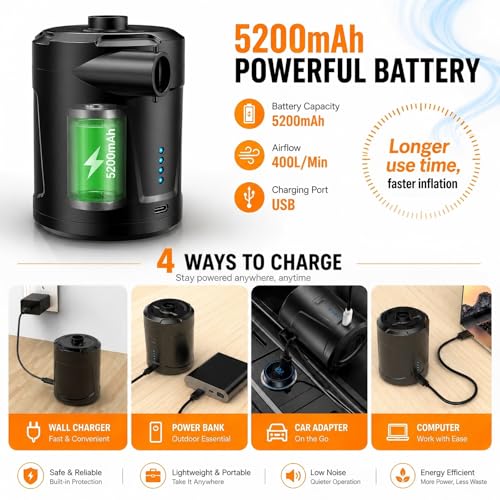 Rechargeable Portable Electric Air Pump for Inflatables - 5200mAh, 4 Nozzles