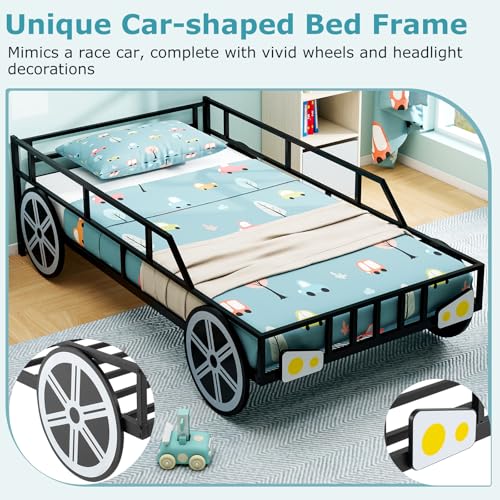 Twin Size Race Car Bed Frame for Kids with Safety Guardrails & Metal Slats