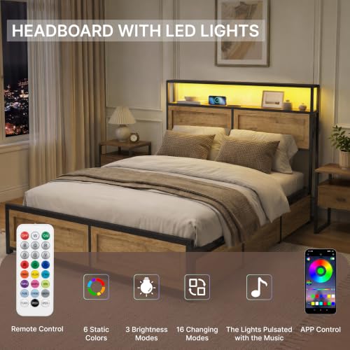 Industrial Bed Frame Set with LED Lights, Charging Station & 6 Storage Drawers