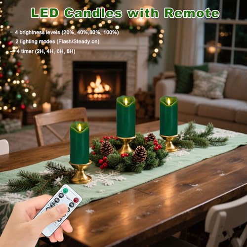 Green Flameless Candles Set of 2 with Remote & Timer - Real Wax, 6x3 inches