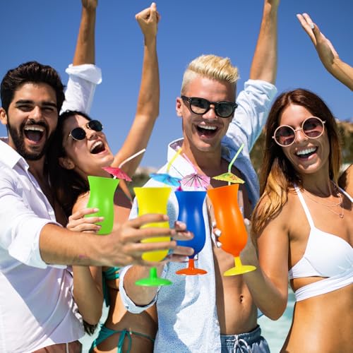 Neon Colored Plastic Hurricane Cups with Umbrella Straws - Tropical Party Supplies