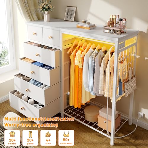 49-Inch Dresser with Hanging Rack, 6 Drawers, LED Lights & Charging Station