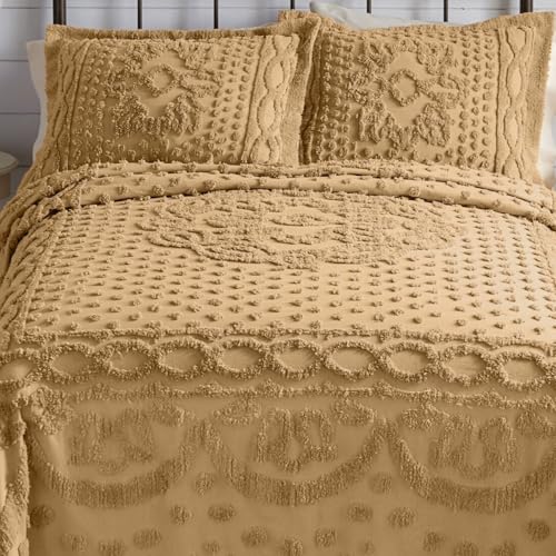 King Chenille Bedspread - Sage Medallion Pattern, Ultra-Soft Cotton