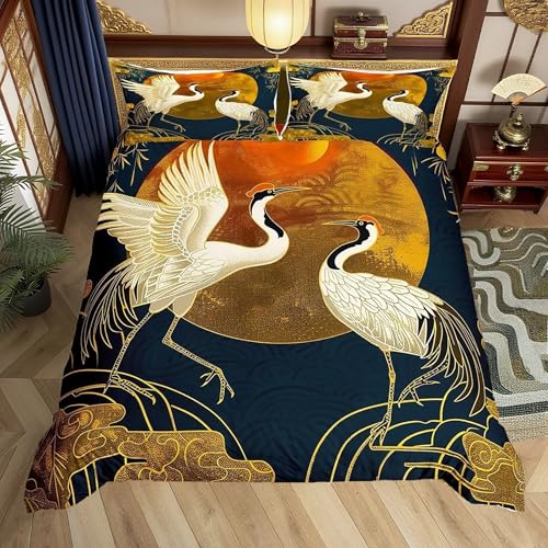 Japanese Crane and Cloud Duvet Cover Set, Queen Size 3-Piece Bedding