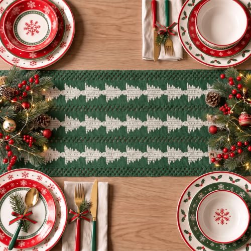 Artoid Mode 12x120 Inch Green Woven Table Runner - Beige Tree Christmas