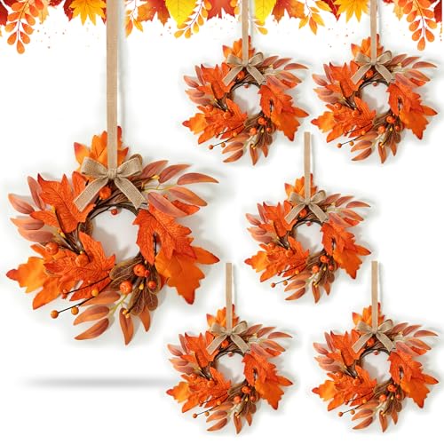 6 PCS 9-Inch Mini Fall Wreaths for Kitchen Cabinets, Thanksgiving Autumn Decor