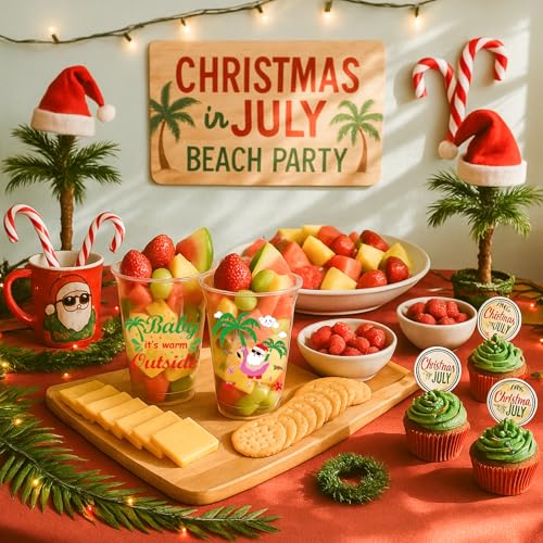 Christmas July Plastic Cups 16 oz Disposable Party Cups 60 Pack - Santa Flamingo Beach Design