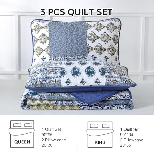 King Size Patchwork Floral Quilt Set - Aqua Blue Microfiber