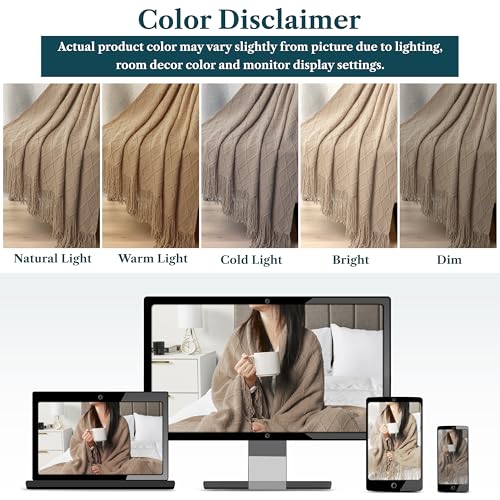 Tan Taupe Knit Throw Blanket with Fringe Tassel, 50x60 Inch Soft Boho Throw