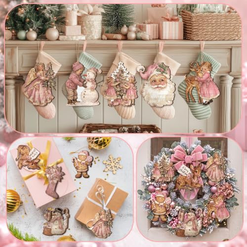 Huwena 36Pcs Pink Christmas Tree Ornaments - Vintage Snowman, Angel, Gingerbread & Santa
