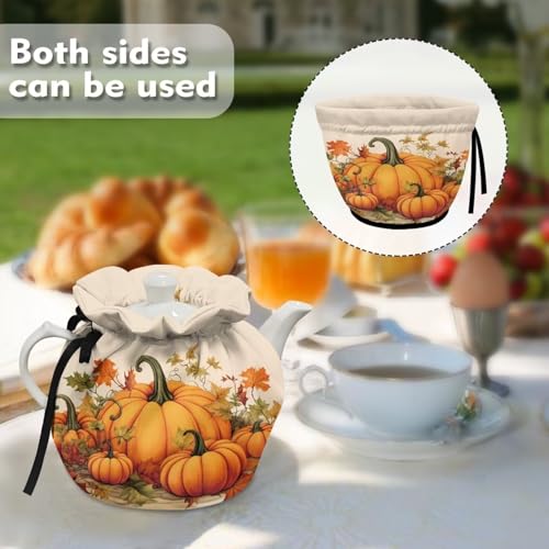 Pumpkin Print Cotton Tea Cozy - Insulated Teapot Cover with Drawstring