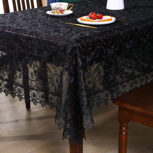 Large Black Lace Tablecloth 140 Inch Rustic Farmhouse Rose Jacquard