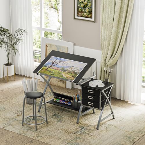 Adjustable Drafting Table and Stool Set with 3 Drawers for Art and Writing