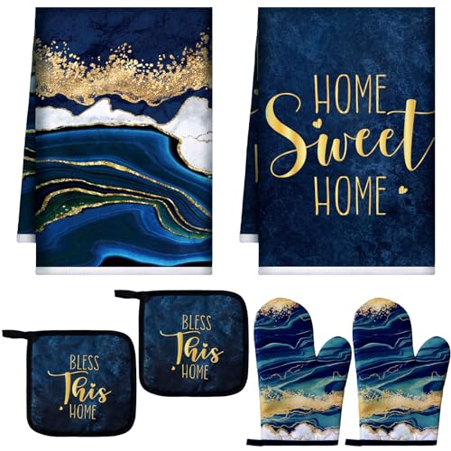 6-Piece Blue Marble Kitchen Set: Oven Mitts, Pot Holders, and Dish Towels
