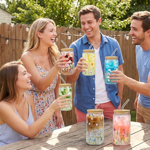 Floral Glass Cups with Bamboo Lids and Straws, 16oz Set of 4