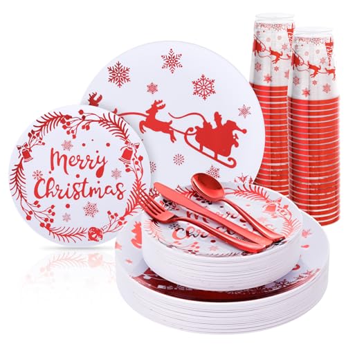 150pcs Red Christmas Plastic Plates Set - Elegant Foil-Stamped Dinnerware + 30 Dinner Plates