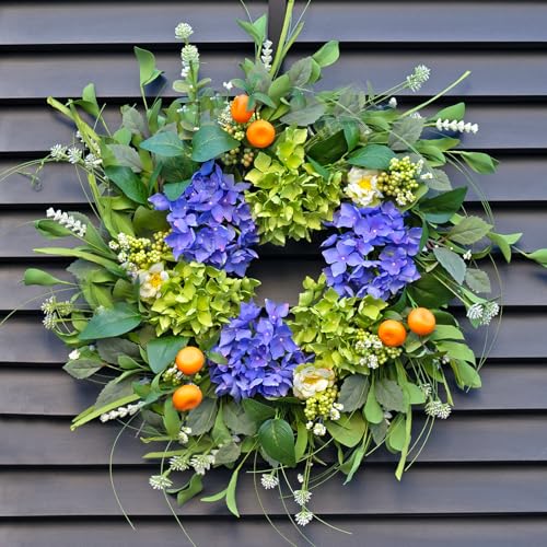 24-Inch Silk Hydrangea Wreath with White Blossoms and Mini Mandarins
