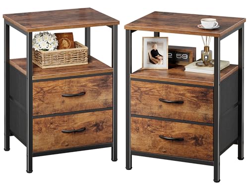 2-Drawer Nightstand Set with Open Shelf and Steel Frame, Rustic Brown