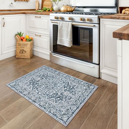 2x3 Blue Floral Area Rug - Washable Non-Slip Low Pile Entryway Carpet
