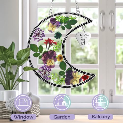 Moon Suncatcher with Real Pressed Flowers and I Love You Charm