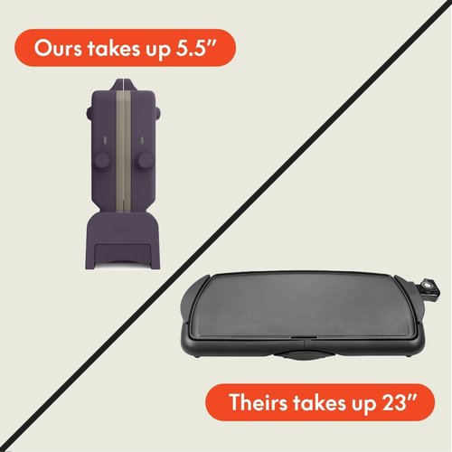 Bella Ceramic Fold-N-Store Dual Temp Griddle - Nonstick Coating, 2 Temperature Zones, 10"x20", Plum