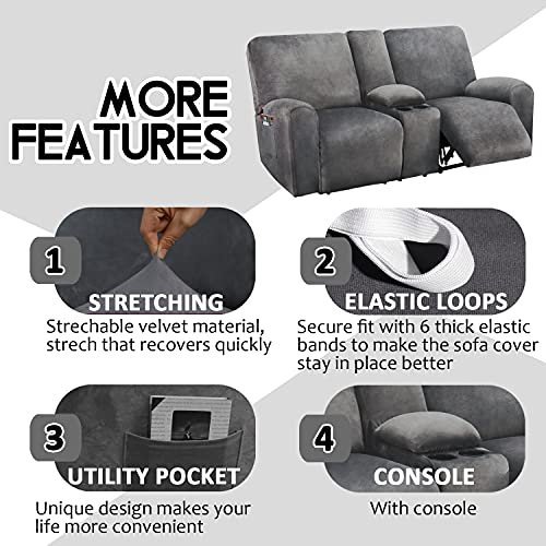 2-Seater Reclining Loveseat Cover - Velvet Stretch Slipcover, Dark Grey