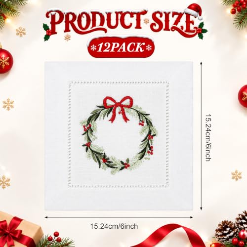 12 Pcs Linen Cocktail Napkins with Hemstitch Christmas Wreath Design - Holiday Table Decor