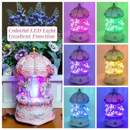 Rotating Carousel Music Box with LED Lights - 3-Horse Carnival Design
