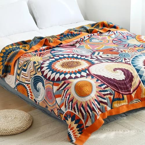 Boho Cotton Throw Blanket 50x60, Ultra Soft Woven Muslin Vintage Quilt