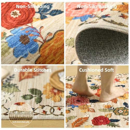5x7 Washable Area Rug, Vintage Floral Non-Slip Faux Wool Rug for Living Room