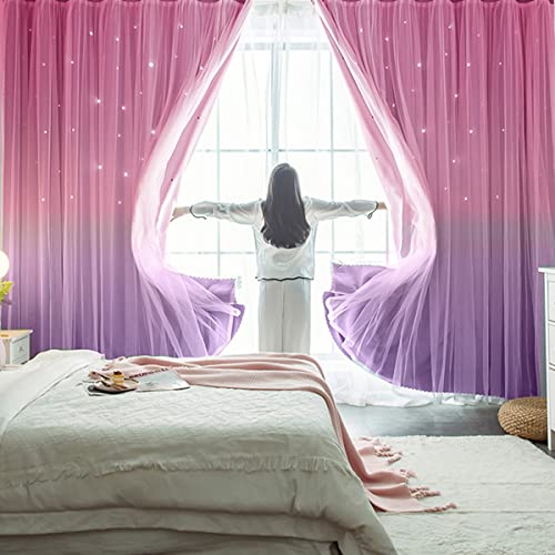 Girls Star Blackout Curtains with Tulle Overlay, 63-inch Pink Purple
