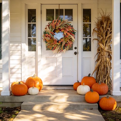 20-Inch Artificial Fall Wreath with Maple Leaves and Berries for Front Door