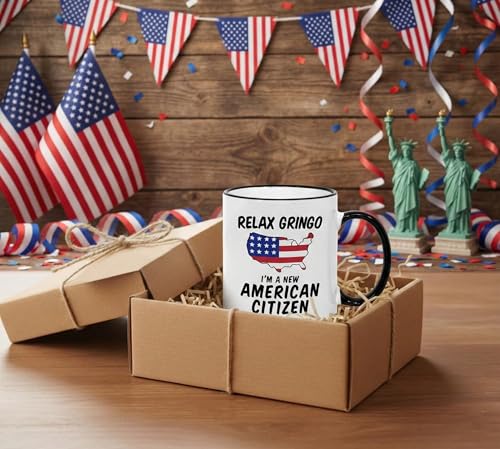 Casitika 11 oz Black Handle 'Relax Gringo I'm a New American Citizen' Mug - Perfect Citizenship Gift