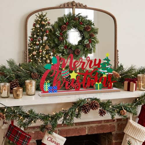Merry Christmas Indoor Metal Sign with Wooden Base - Farmhouse Rustic Holiday Decor