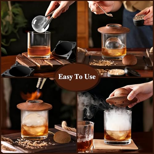 Wood Grain Whiskey Smoker Kit with Torch, 2 Clear Ice Ball Molds & Glasses