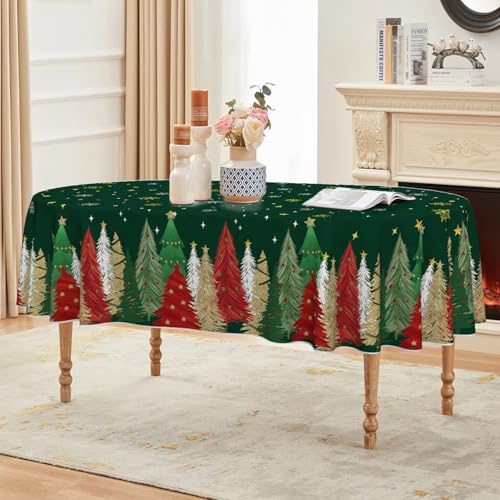 Horaldaily 60 x 84 Inch Oval Christmas Tree Tablecloth Green Holiday Decor