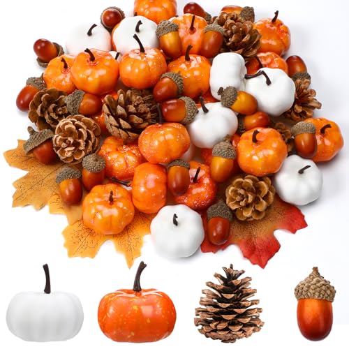 120pcs Artificial Fall Pumpkin, Acorn & Pine Cone Set for Autumn Decor