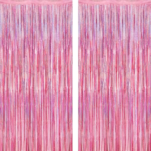 ZATAYE 2 Pack Glitter Pink Fringe Curtains Foil Tinsel Photo Backdrop