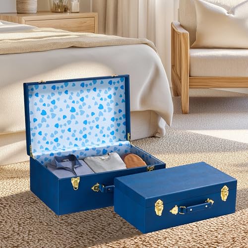 Set of 2 Decorative Storage Trunks, Modern Shagreen Leather Chests with Handles