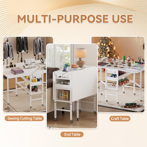 Height Adjustable Folding Sewing & Craft Table with Charging Station, Storage