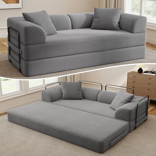 5-in-1 Convertible Corduroy Sofa Bed - 70" Folding Futon Couch (Gray)