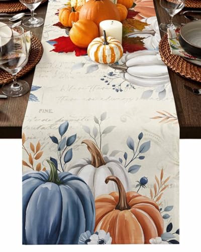 Fall Table Runner 13x36 Inch with Pumpkin Orange & Blue Eucalyptus - Autumn Thanksgiving Decor